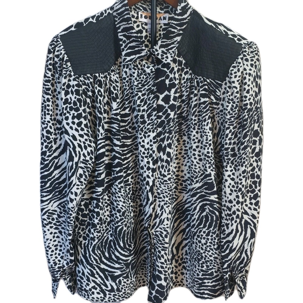 Rare Vintage 80s Jordan animal print blouse,bold padded Shoulders Sz 16